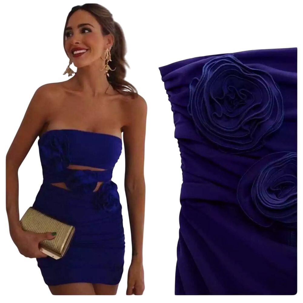 Zara Royal Blue Strapless Dress. Front cutouts with rosettes. Size L